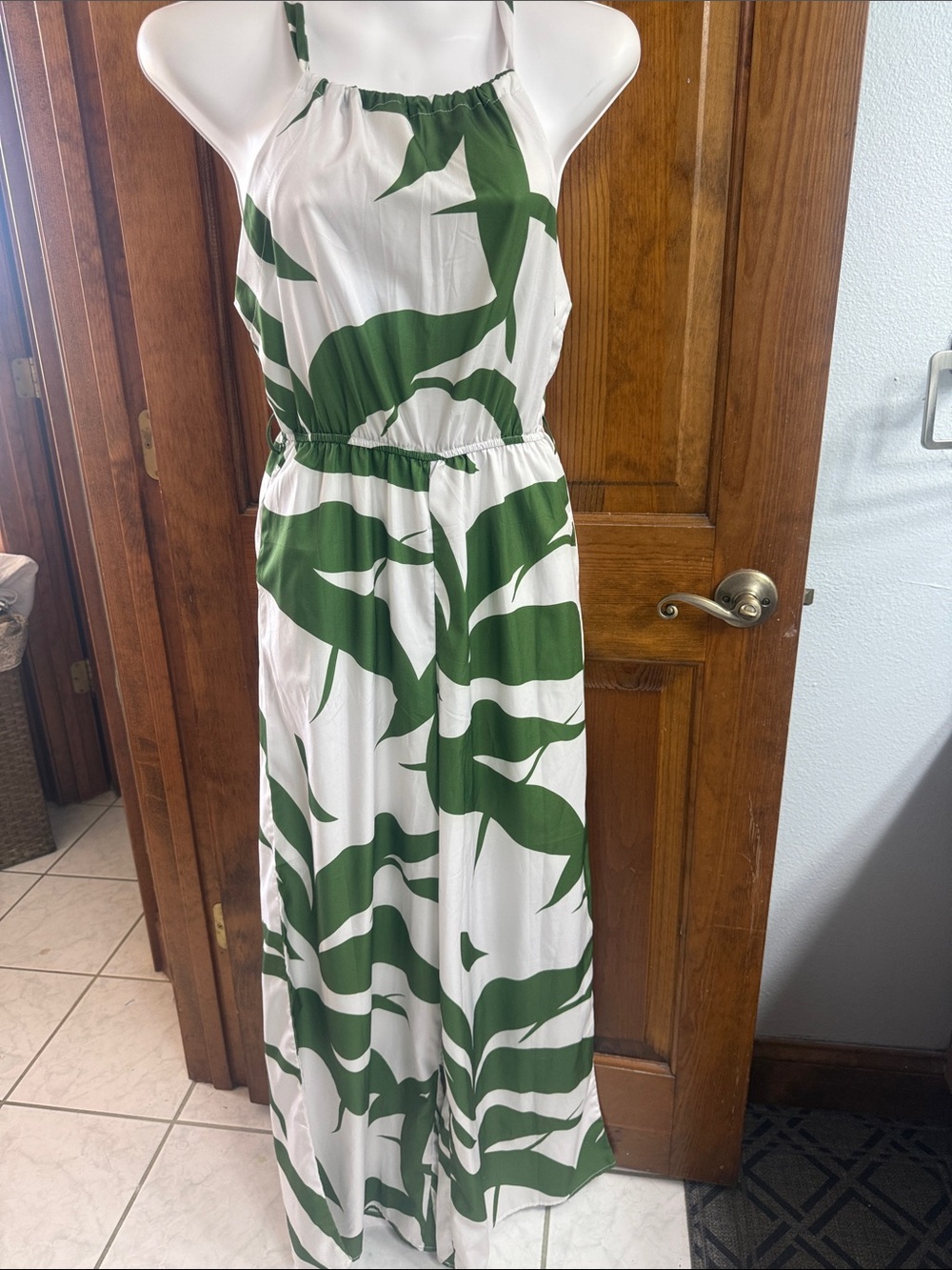 SHEIN White and Green Halter Jumpsuit